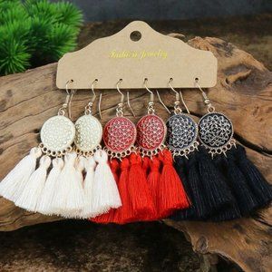 Set Of 3 Bohemian Boho Hippie Hanging Tassel Earrings Red Black White